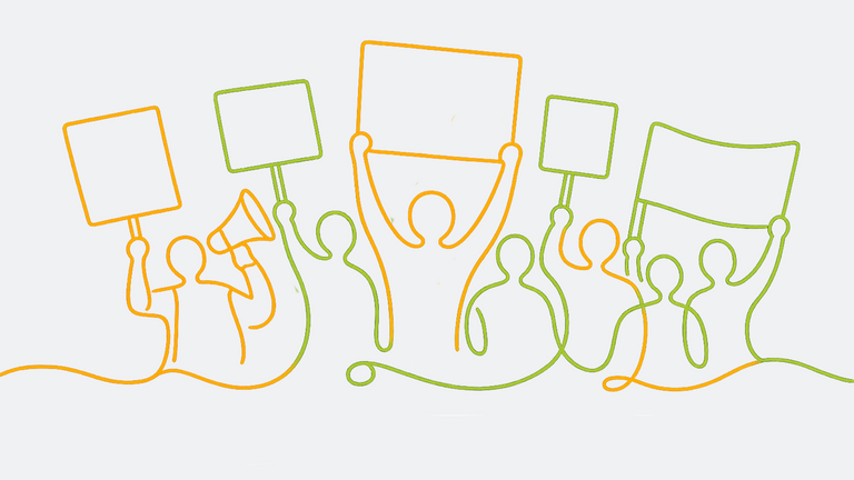 Das Bild zeigt eine Grafik mit Menschen, die Schilder hoch halten